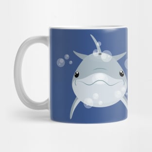 Happy bottle nose dolphin and bubbles cartoon illustration. Mug